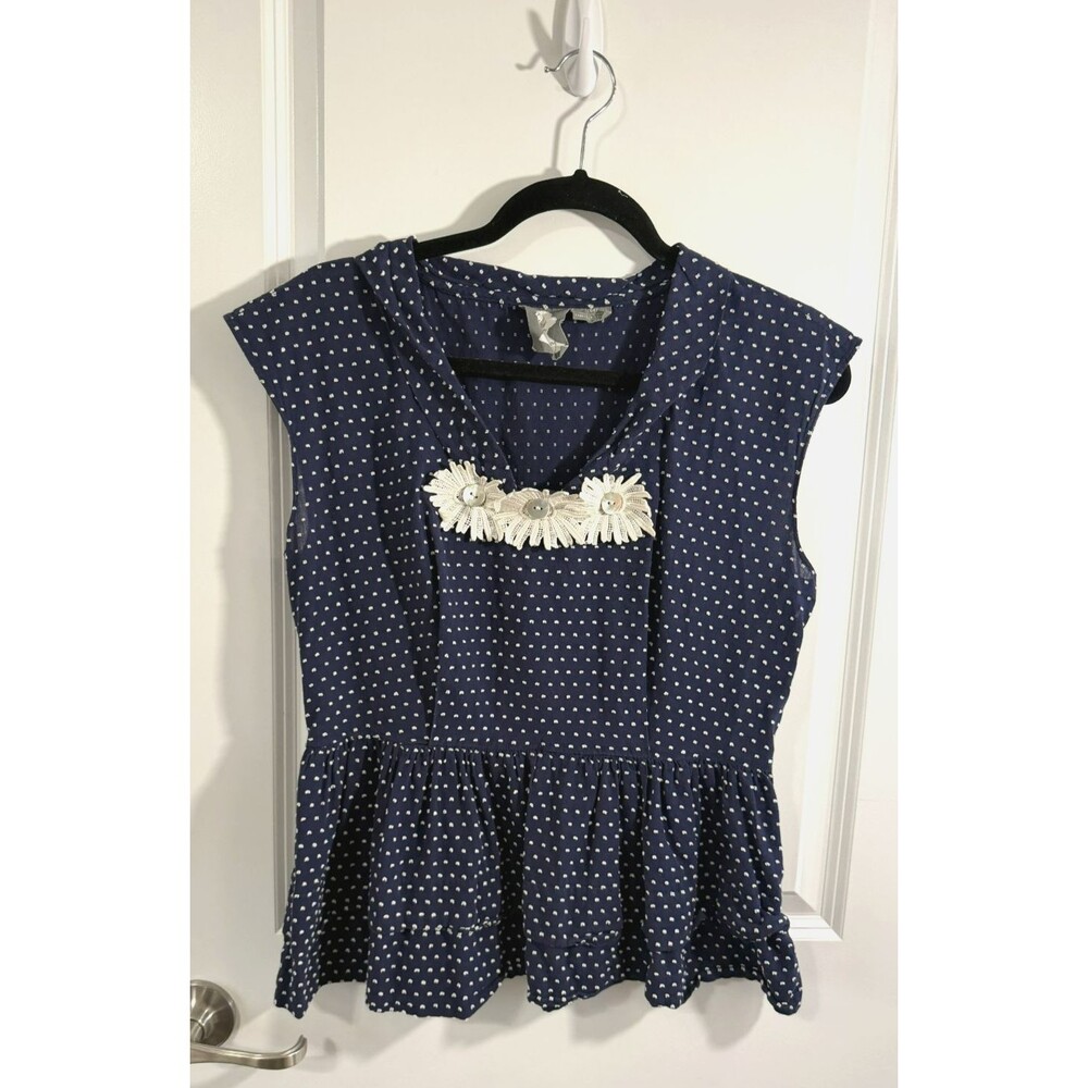 Girls from Savoy Anthropologie Peplum Top Navy Blue Polka Dot Lace Daisy 8